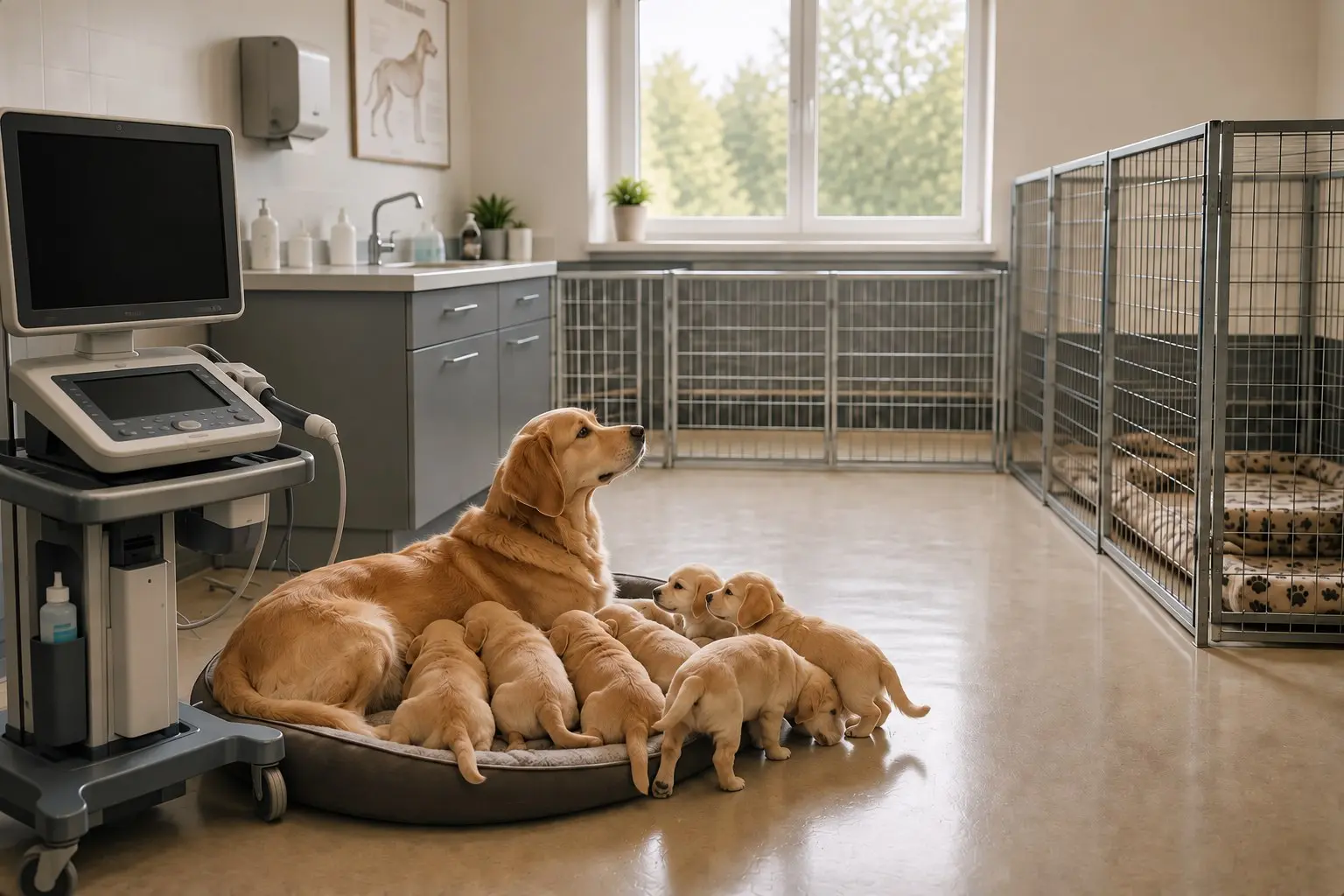 Une chienne et ses chiots dans un élevage, à côté de l'échographe portable