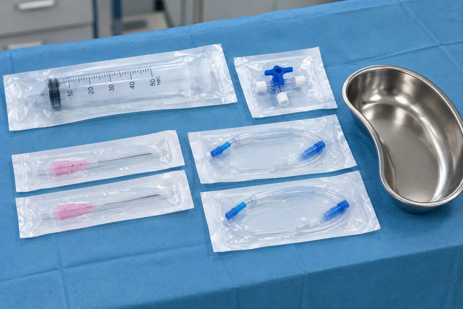 Matériel de ponction d'un épanchement : seringue de 50 ml, aiguilles, robinet trois voies, prolongateurs et haricot