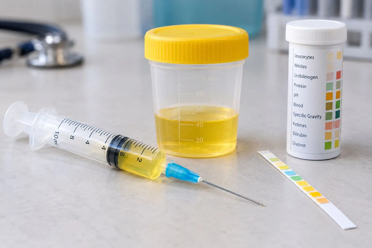 Prélèvement urinaire : seringue d'urine, pot gradué et bandelette d'analyse urinaire